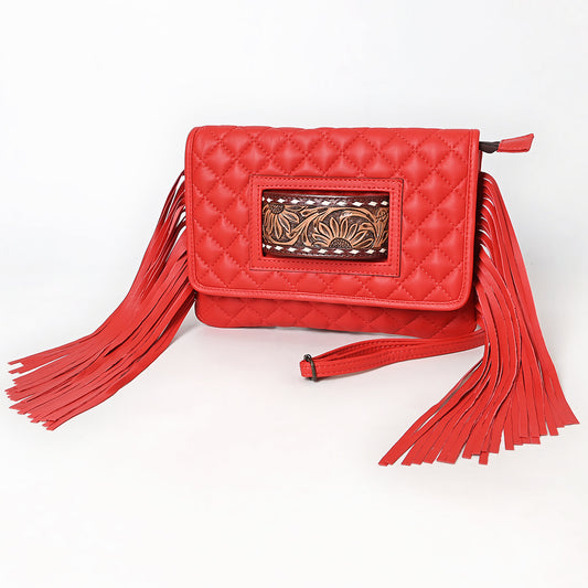ADBG1665A Red Quilted Wallet Bag with Tooled Leather Patch & Fringe