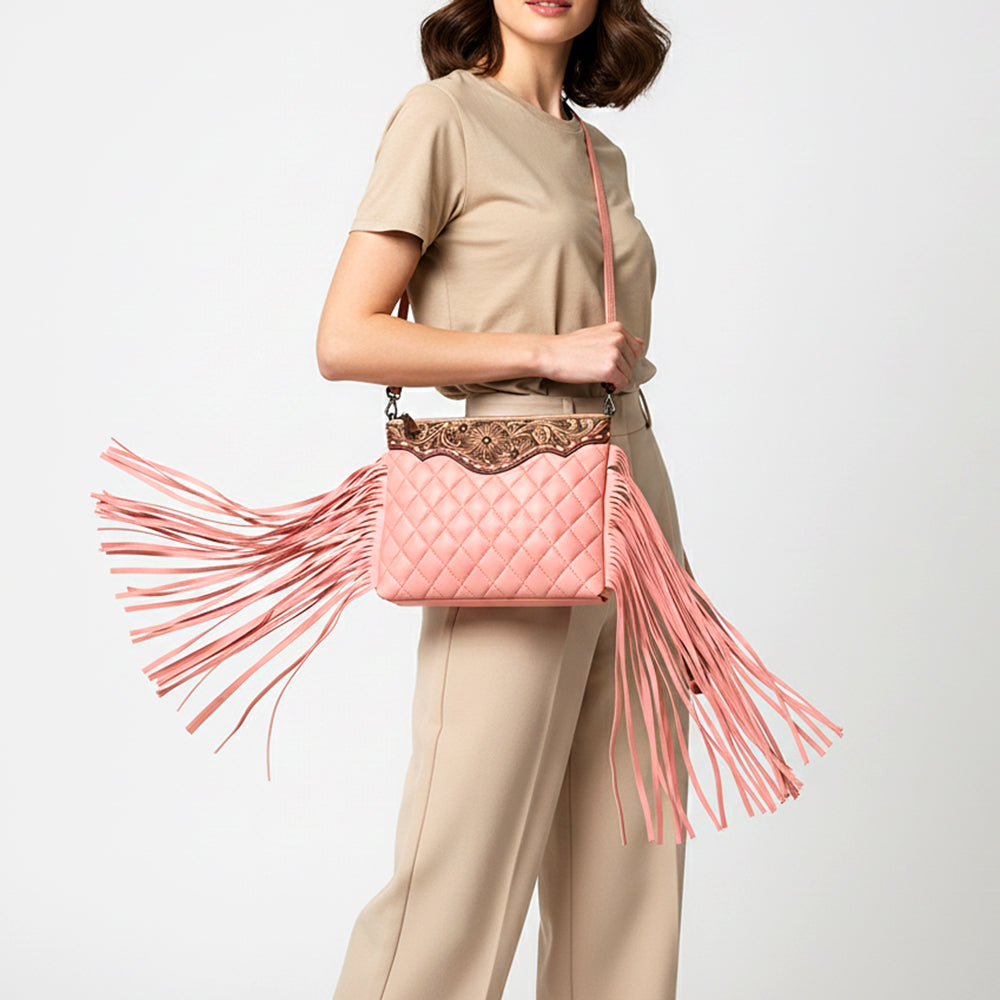 ADBG1683A Pink Quilted Leather Fringe Crossbody Bag with Tooled Floral Top - American Darling