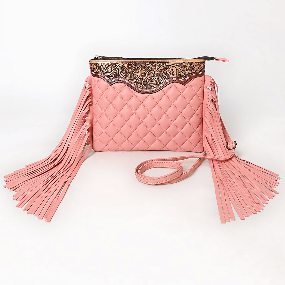 ADBG1683A Pink Quilted Leather Fringe Crossbody Bag with Tooled Floral Top - American Darling