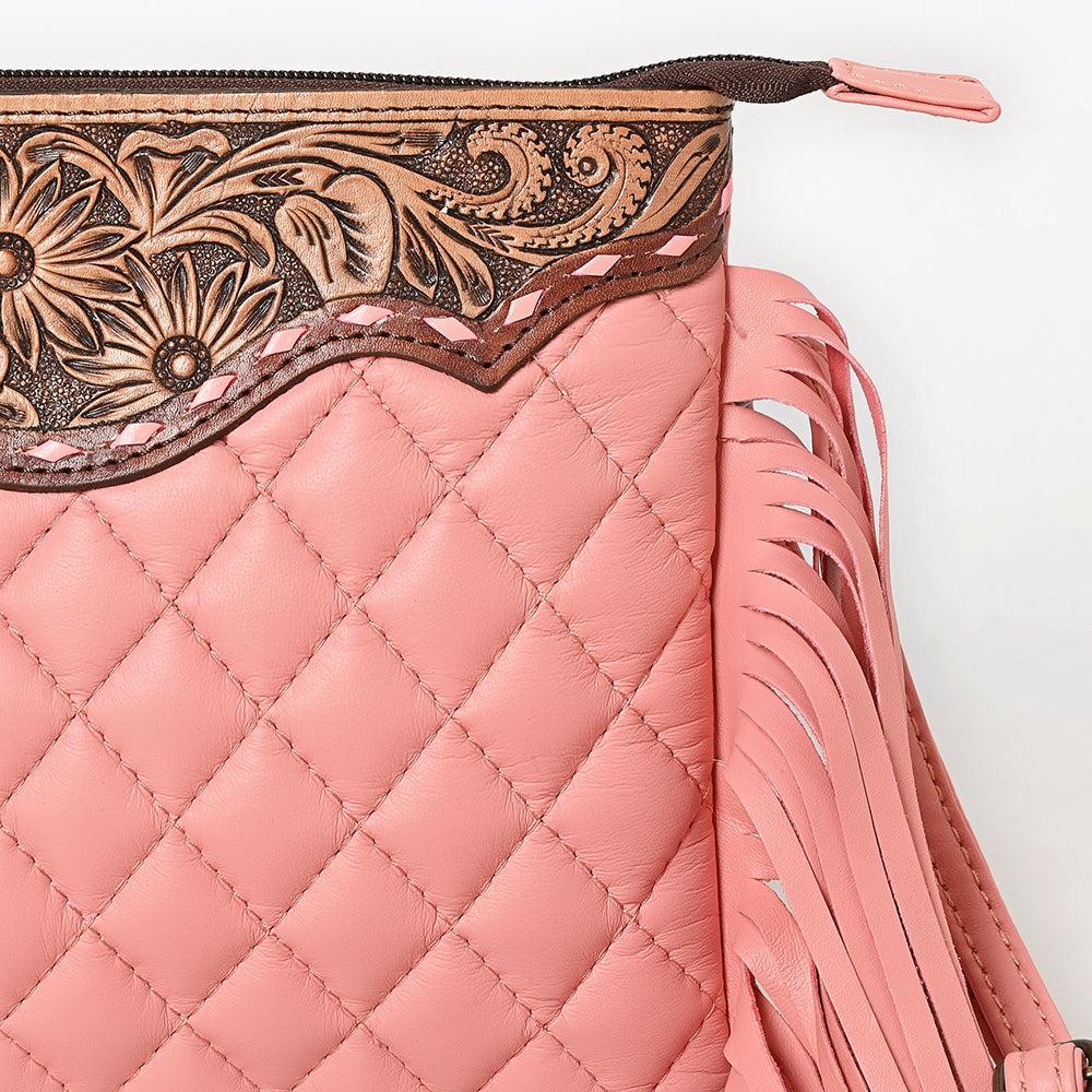 ADBG1683A Pink Quilted Leather Fringe Crossbody Bag with Tooled Floral Top - American Darling