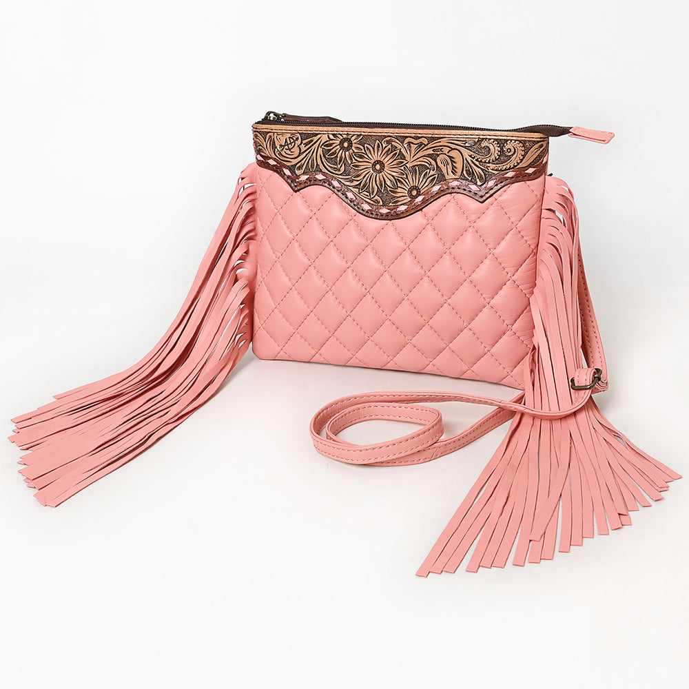 ADBG1683A Pink Quilted Leather Fringe Crossbody Bag with Tooled Floral Top - American Darling