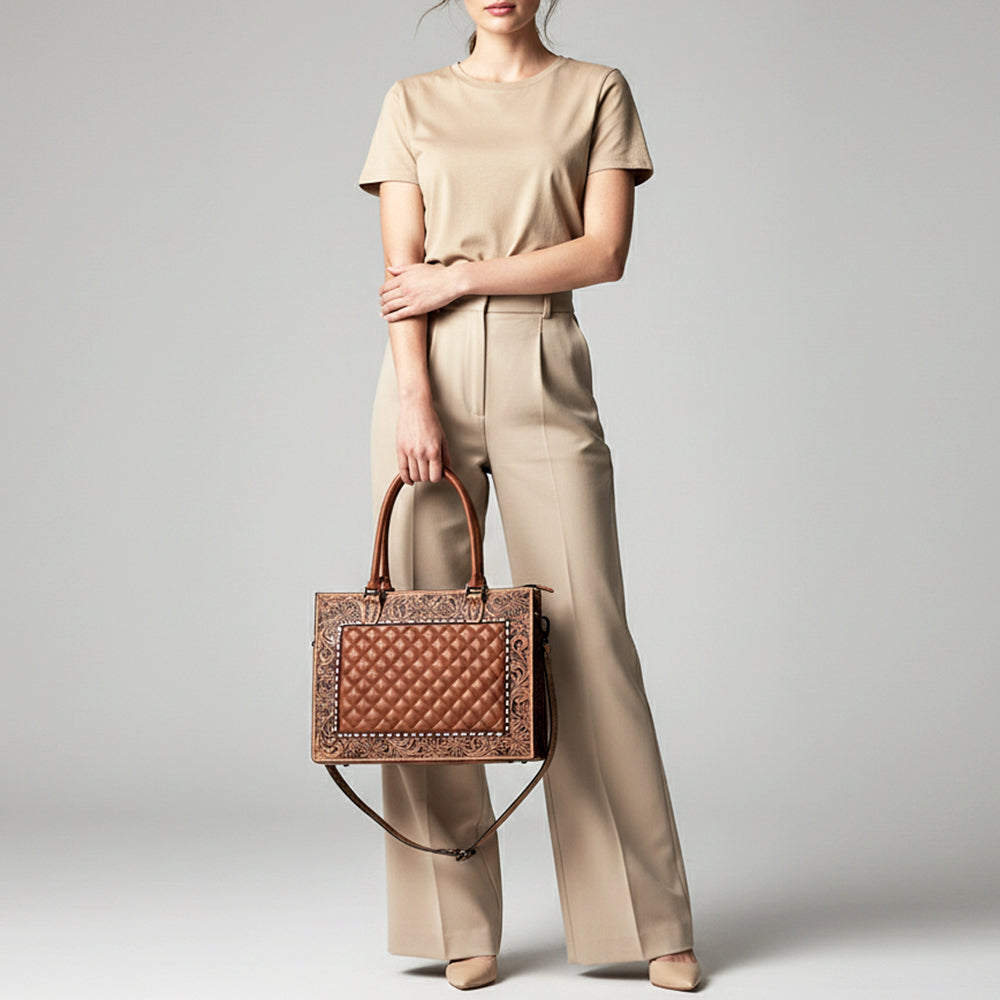 ADBG1671A Tooled Leather Quilted Western Tote Bag with Floral Strap - American Darling