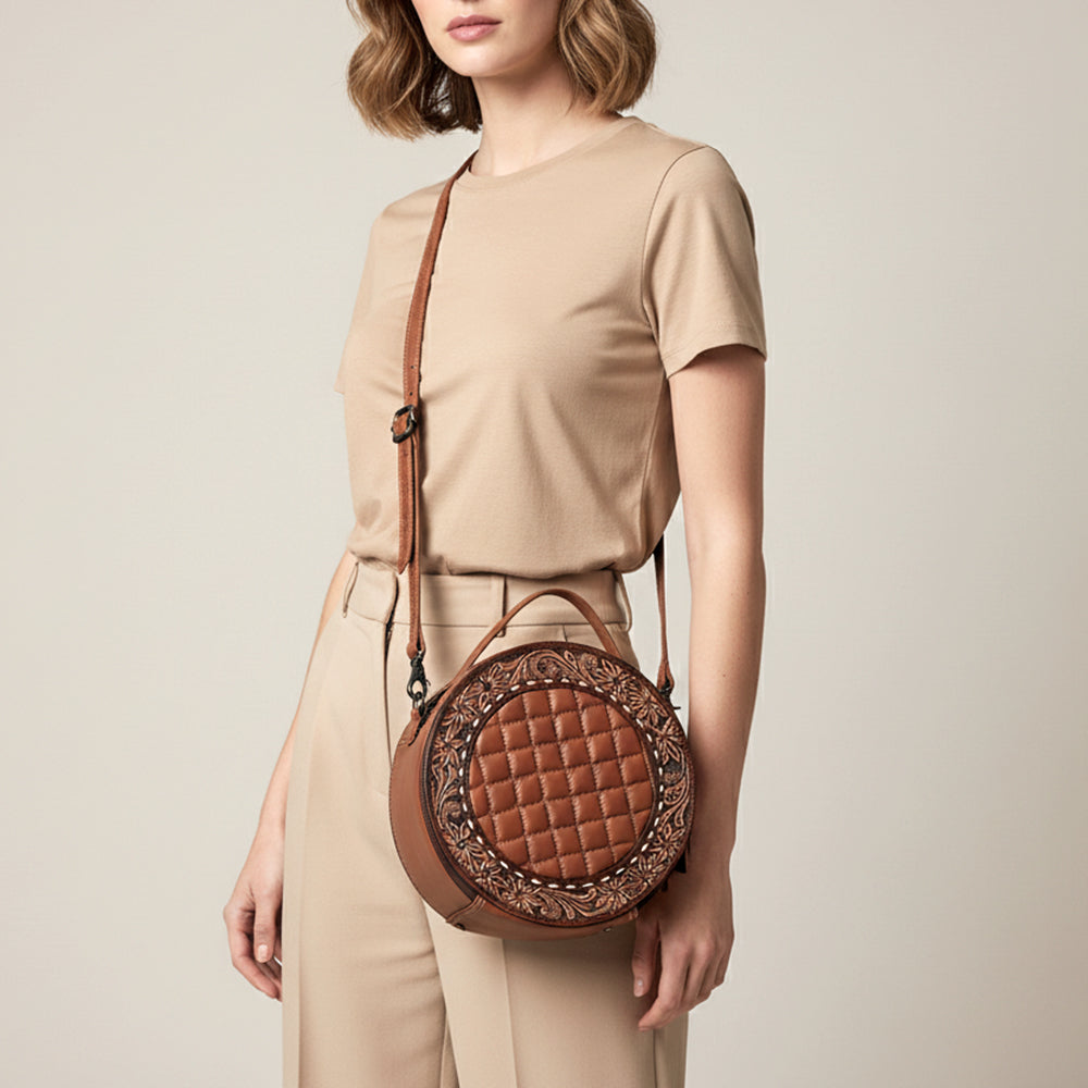 ADBG1684A Round Quilted Leather Canteen Bag with Floral Tooled Border - American Darling