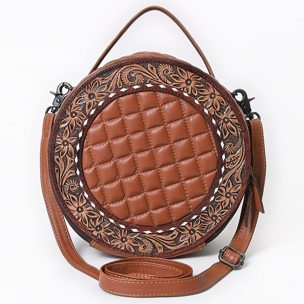 ADBG1684A Round Quilted Leather Canteen Bag with Floral Tooled Border - American Darling