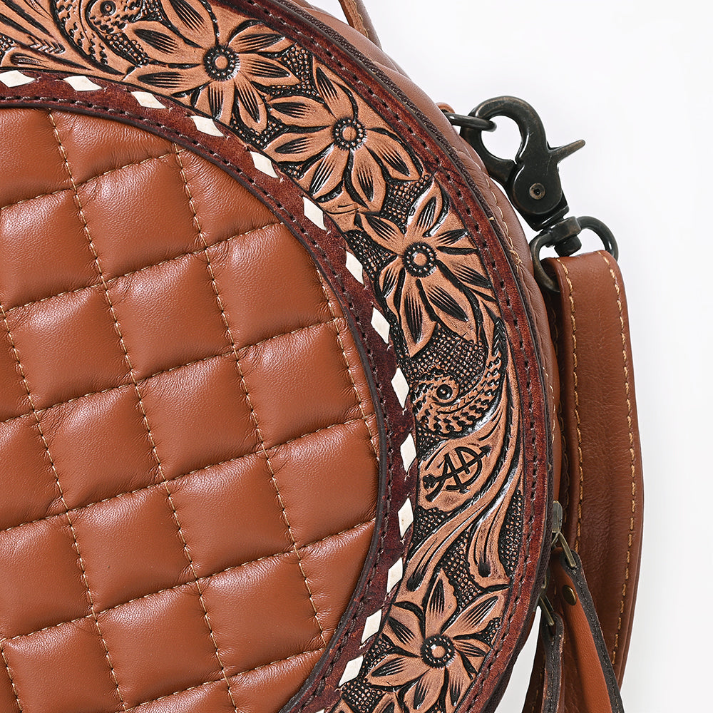 ADBG1684A Round Quilted Leather Canteen Bag with Floral Tooled Border - American Darling