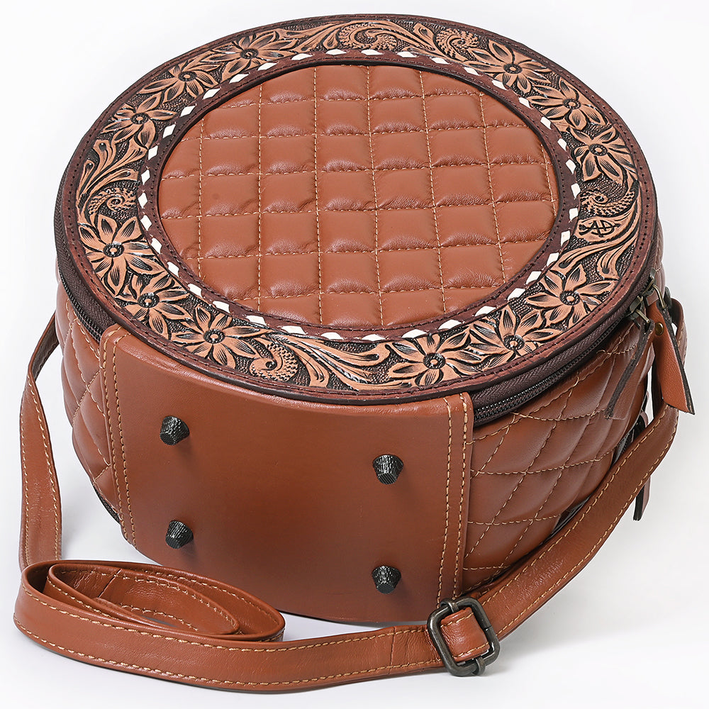 ADBG1684A Round Quilted Leather Canteen Bag with Floral Tooled Border - American Darling