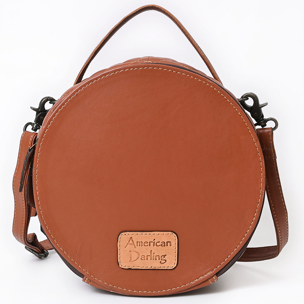 ADBG1684A Round Quilted Leather Canteen Bag with Floral Tooled Border - American Darling