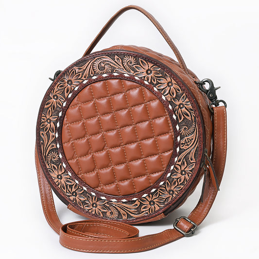 ADBG1684A Round Quilted Leather Canteen Bag with Floral Tooled Border - American Darling