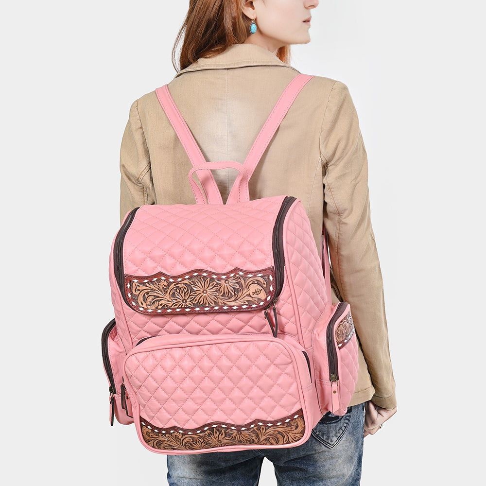 ADBG1674A  Quilted Leather Backpack with Floral Tooled Accents - American Darling Backpack