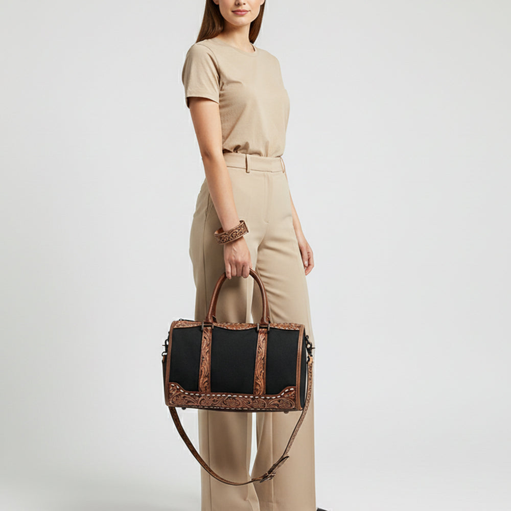 ADBG1765 Hand-Tooled Western Leather Duffel Bag Floral Cowhide Travel Satchel by American Darling