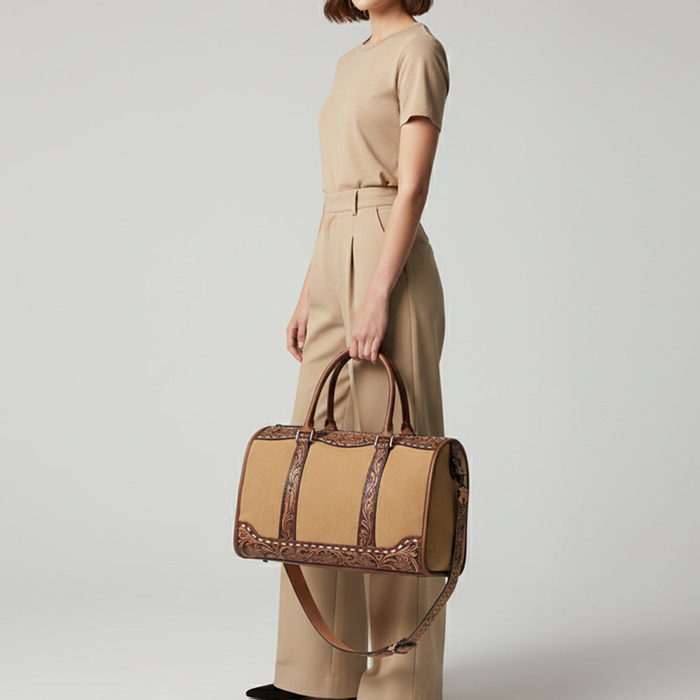 ADBG1765 Hand-Tooled Western Leather Duffel Bag Floral Cowhide Travel Satchel by American Darling