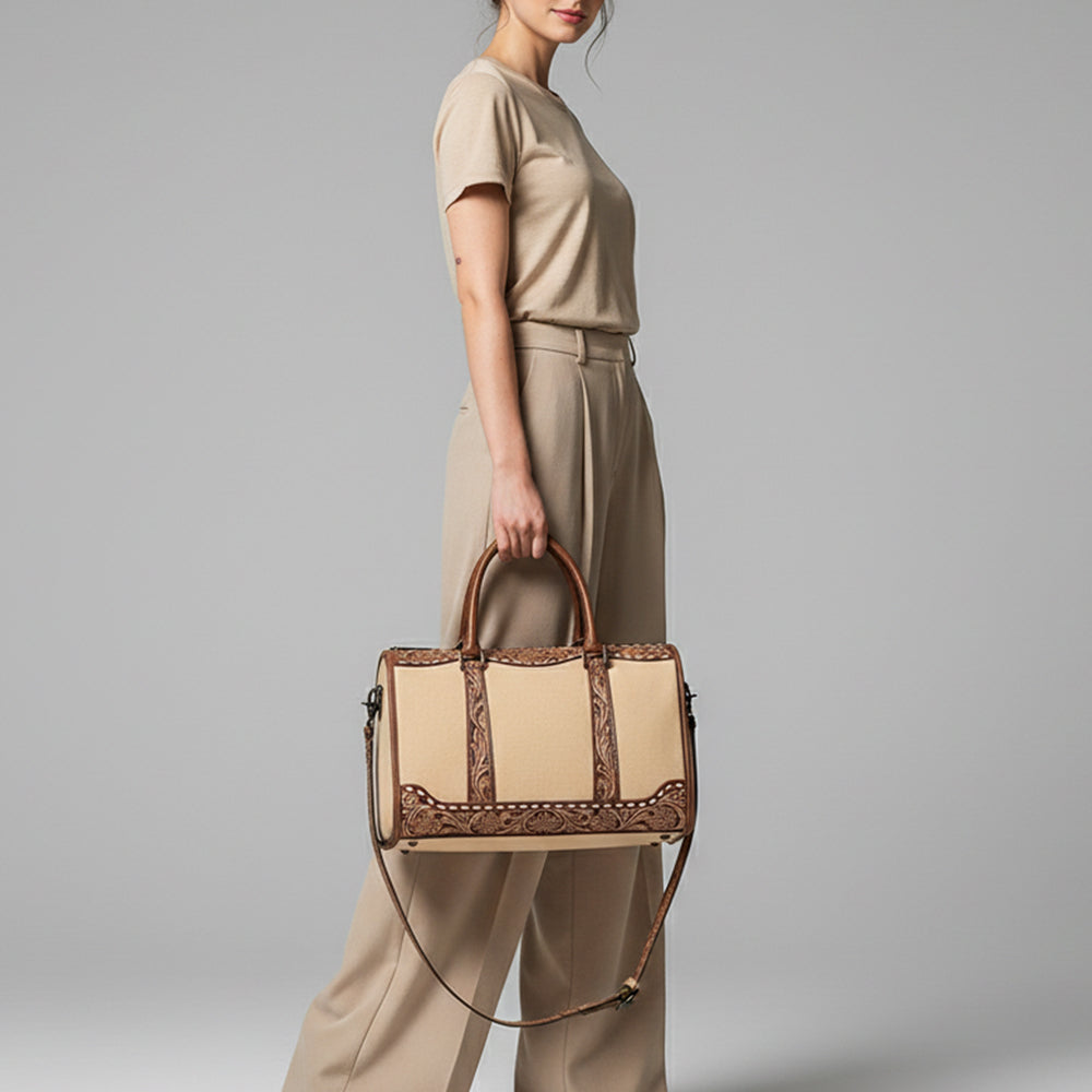 ADBG1765 Hand-Tooled Western Leather Duffel Bag Floral Cowhide Travel Satchel by American Darling