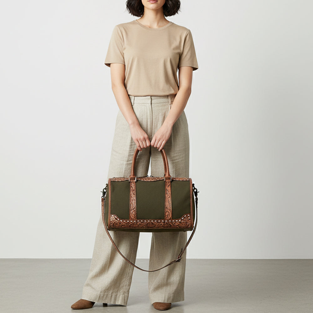 ADBG1765 Hand-Tooled Western Leather Duffel Bag Floral Cowhide Travel Satchel by American Darling