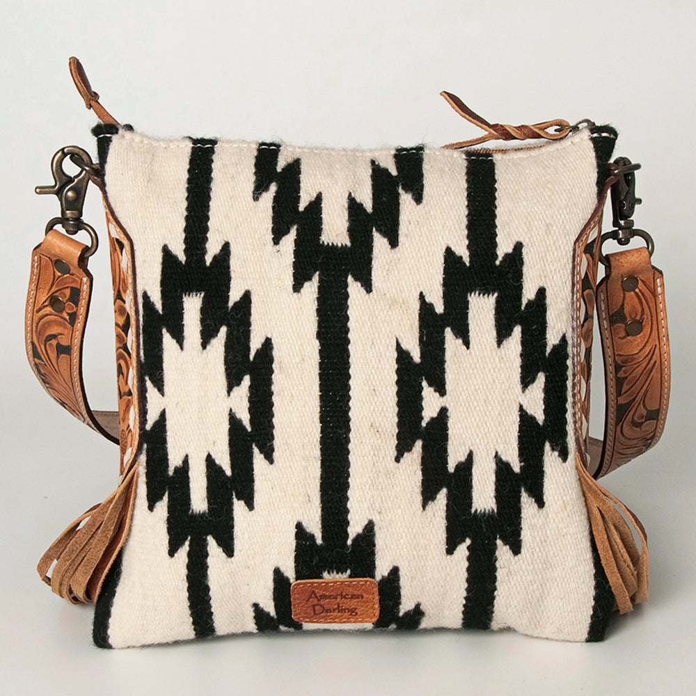 ADBG891 American Darling Hand-Woven Saddle Blanket Large Cross body Bag | Tooled Leather Fringed Purse