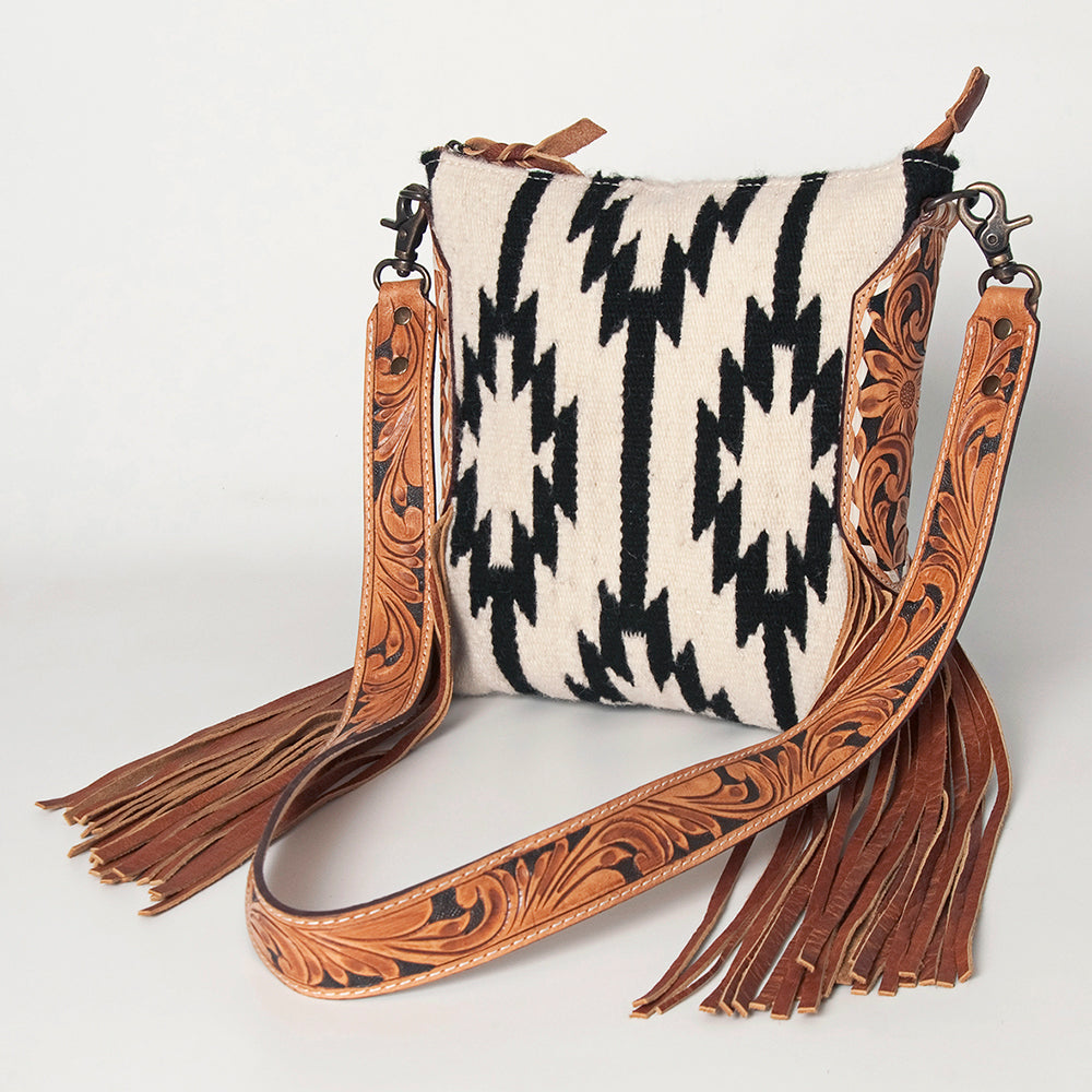 ADBG891 American Darling Hand-Woven Saddle Blanket Large Cross body Bag | Tooled Leather Fringed Purse