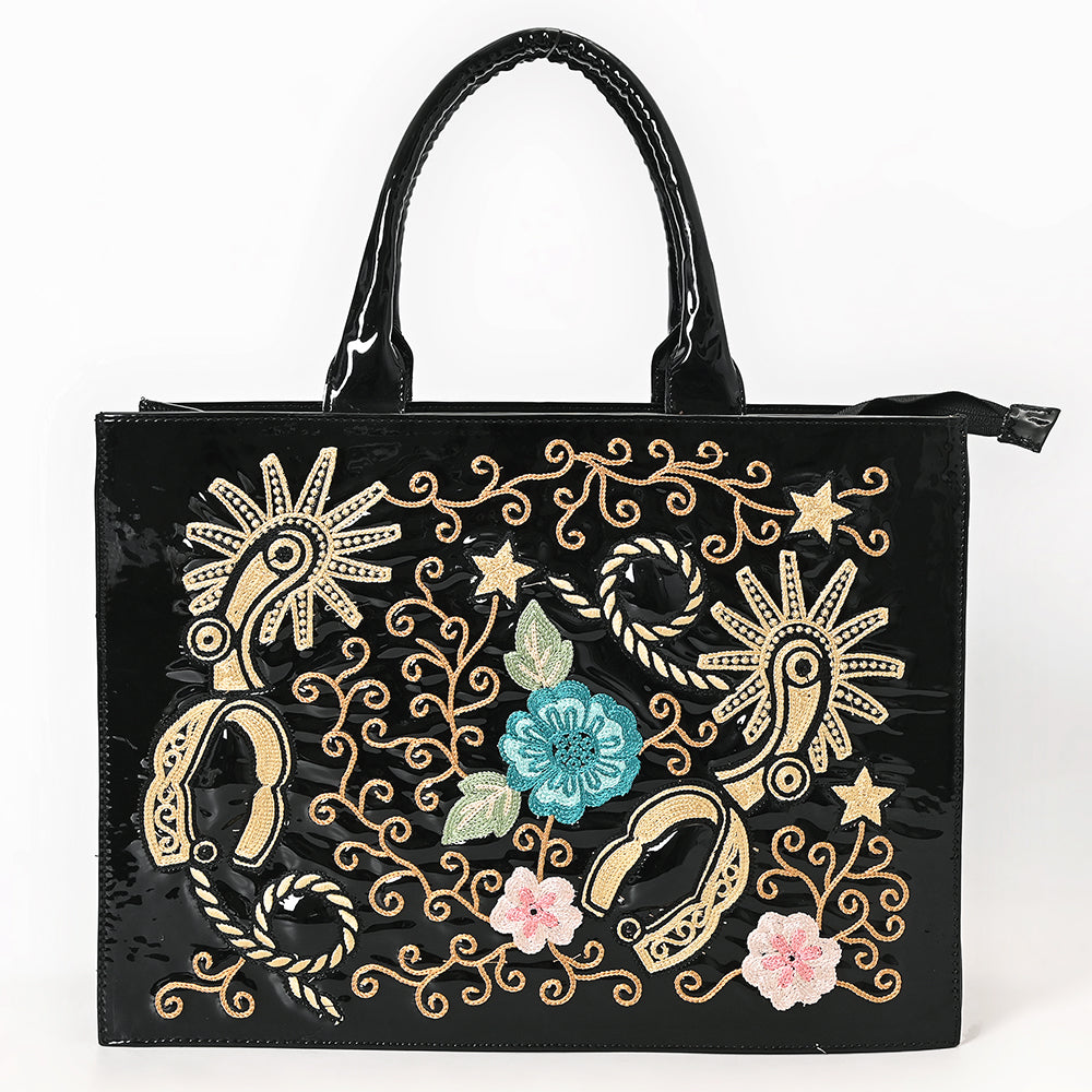 ADBGA838 Black Patent Western Tote Bag - Embroidered Floral & Spur Design with Glossy Finish