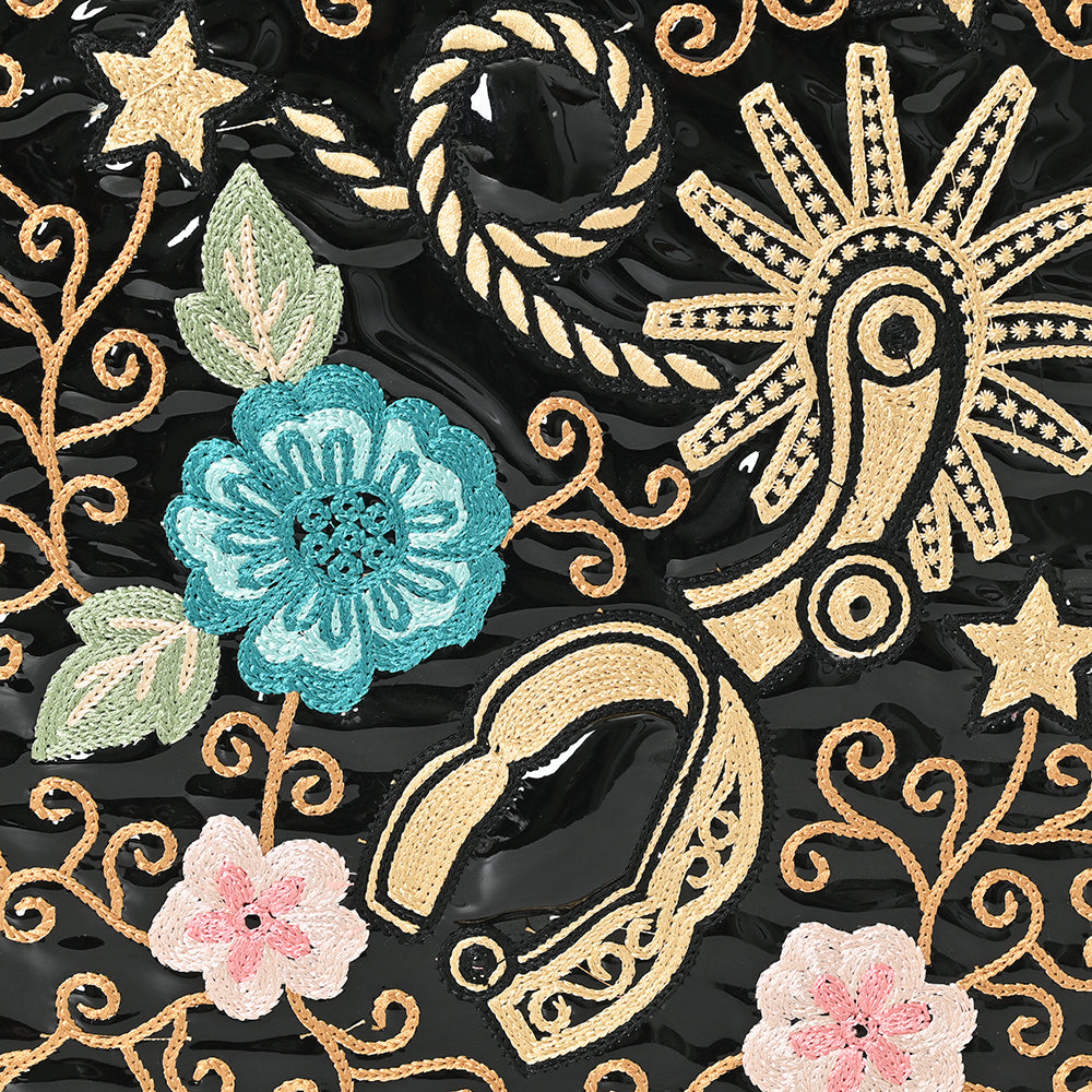 ADBGA838 Black Patent Western Tote Bag - Embroidered Floral & Spur Design with Glossy Finish