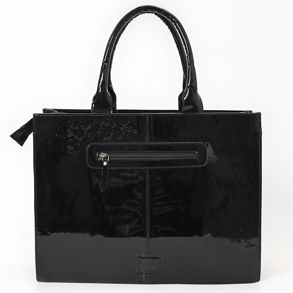ADBGA838 Black Patent Western Tote Bag - Embroidered Floral & Spur Design with Glossy Finish