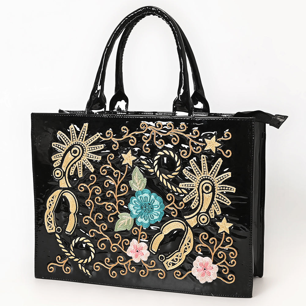 ADBGA838 Black Patent Western Tote Bag - Embroidered Floral & Spur Design with Glossy Finish