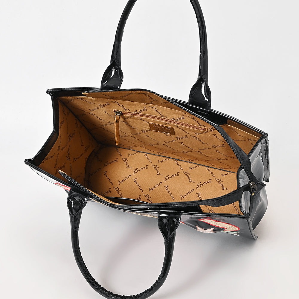 ADBGA842 Black Patent Western Tote Bag - Rodeo Cowboy & Horseshoe Embroidered Design