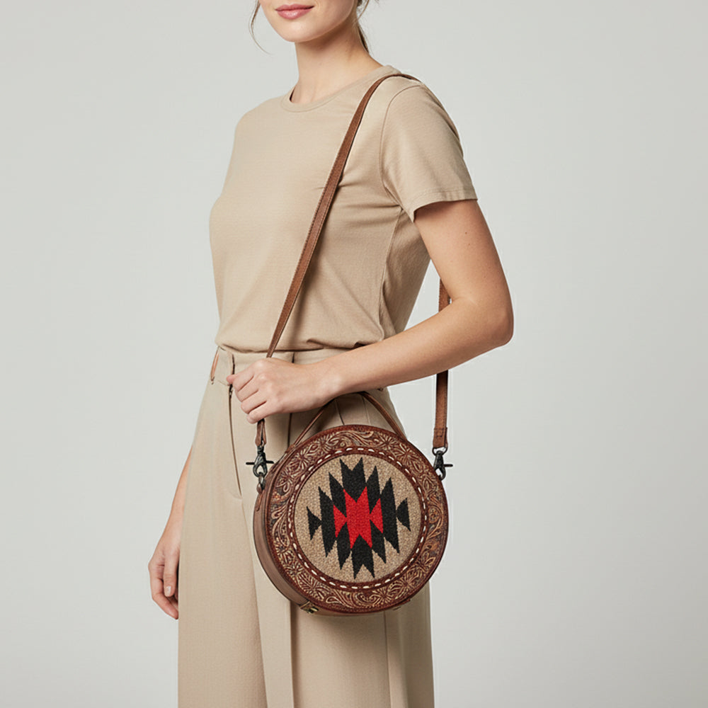 ADBG1785 Round Tooled Leather Canteen Bag with Southwestern Wool Pattern & Top Handle