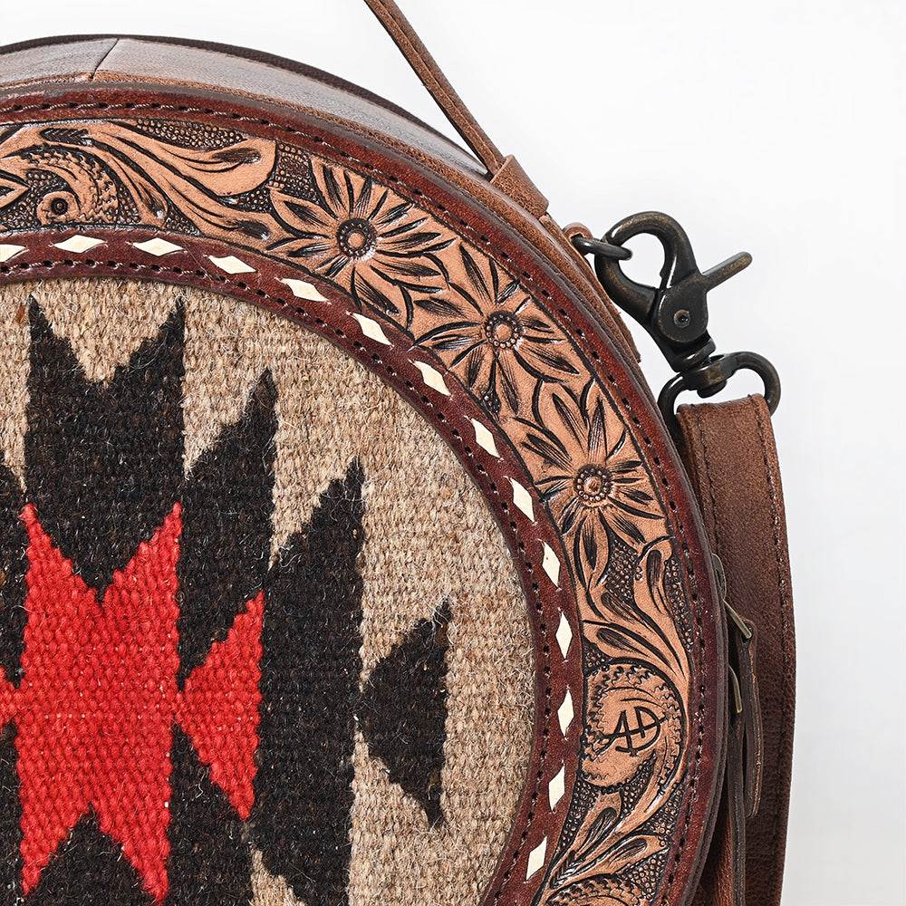 ADBG1785 Round Tooled Leather Canteen Bag with Southwestern Wool Pattern & Top Handle
