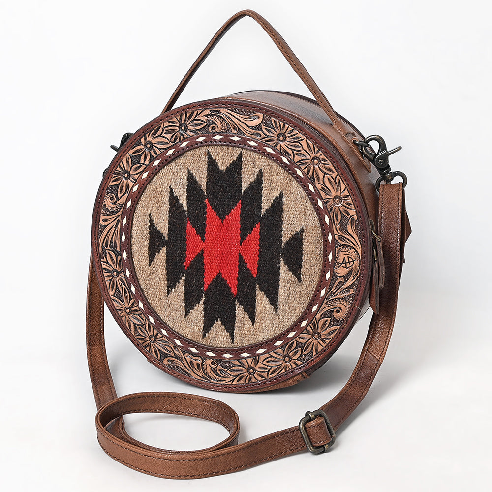 ADBG1785 Round Tooled Leather Canteen Bag with Southwestern Wool Pattern & Top Handle