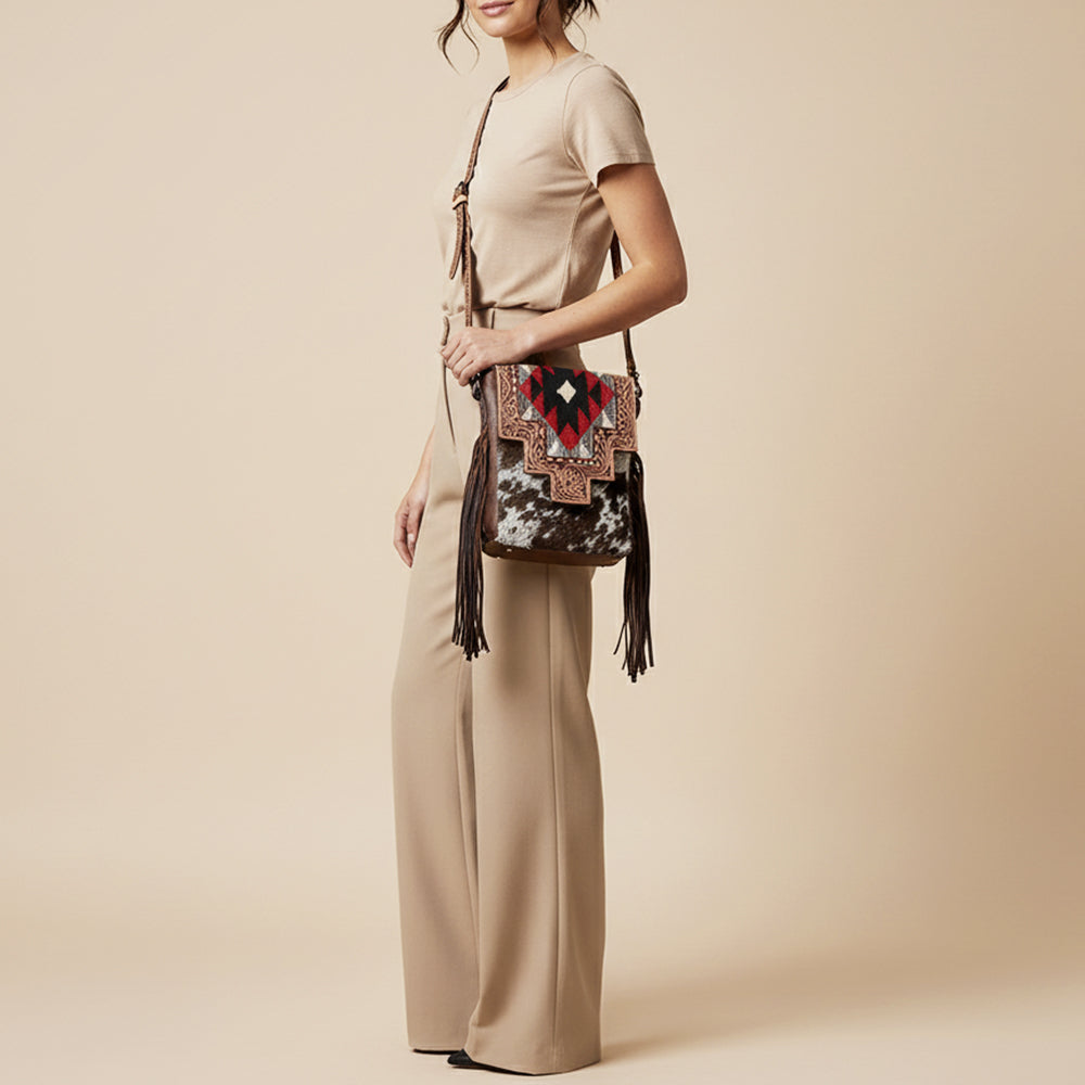 ADBG1786 Southwestern Tooled Leather & Cowhide Messenger Bag with Fringe and Wool Flap