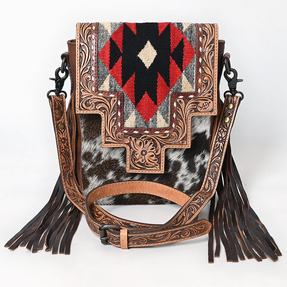 ADBG1786 Southwestern Tooled Leather & Cowhide Messenger Bag with Fringe and Wool Flap