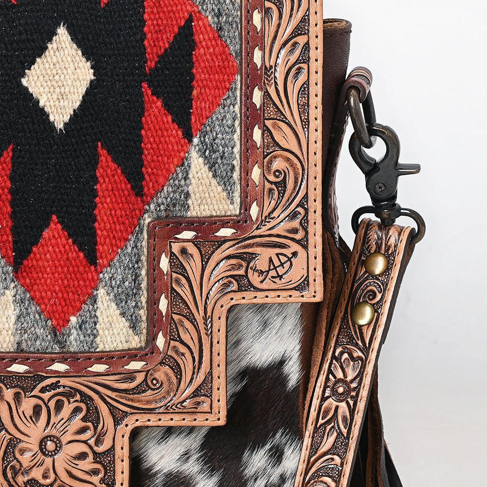 ADBG1786 Southwestern Tooled Leather & Cowhide Messenger Bag with Fringe and Wool Flap