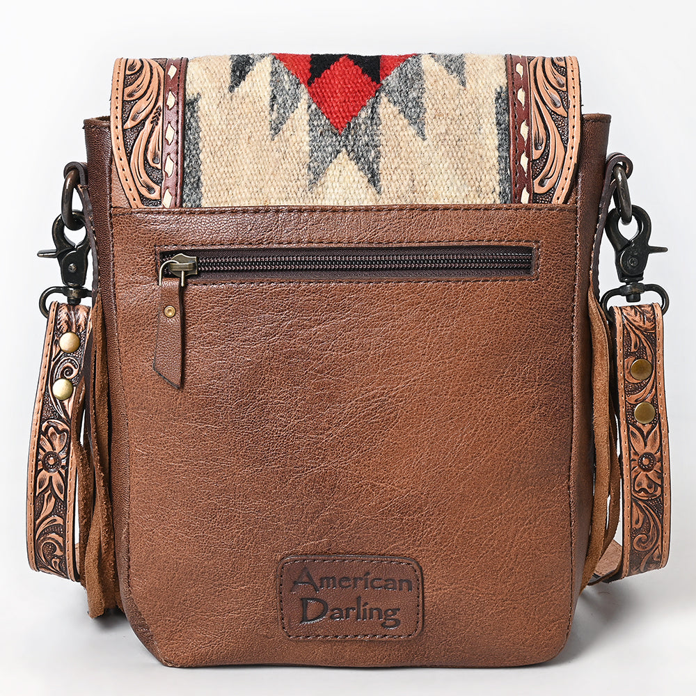ADBG1786 Southwestern Tooled Leather & Cowhide Messenger Bag with Fringe and Wool Flap