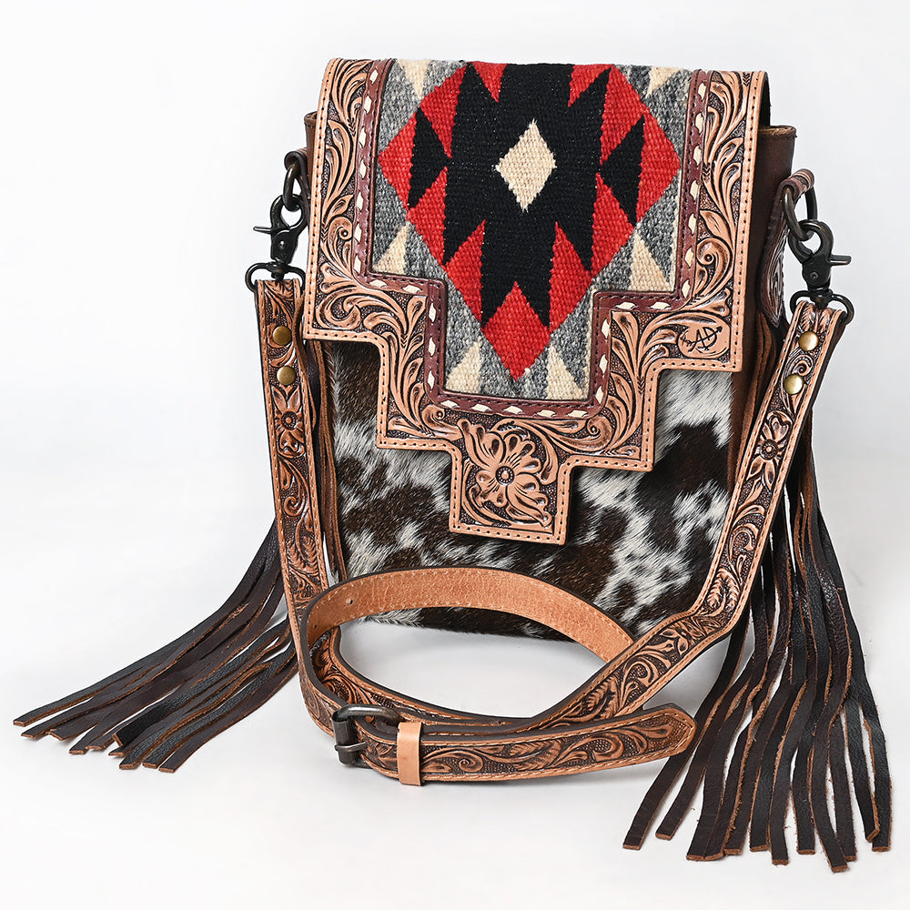 ADBG1786 Southwestern Tooled Leather & Cowhide Messenger Bag with Fringe and Wool Flap