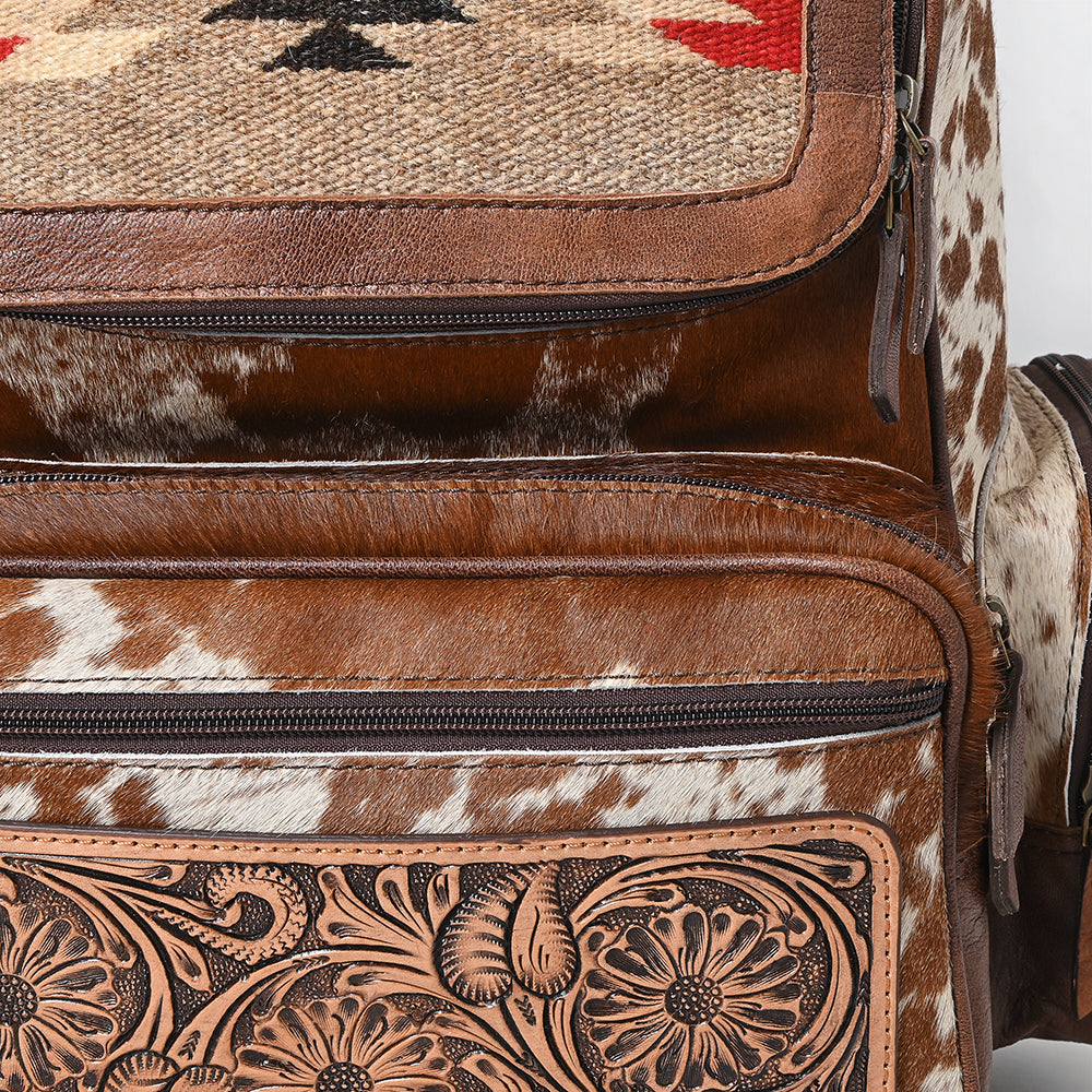 ADBG1787 Southwestern Cowhide Backpack with Tooled Leather & Wool Rug Flap