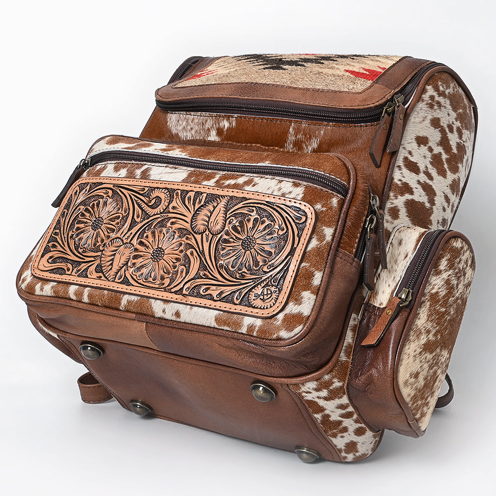 ADBG1787 Southwestern Cowhide Backpack with Tooled Leather & Wool Rug Flap