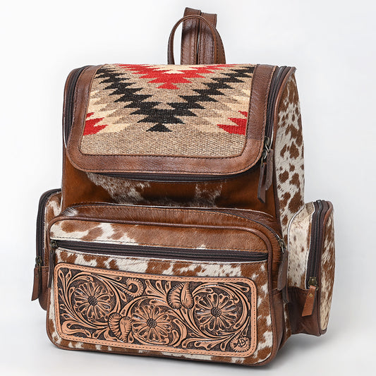 ADBG1787 Southwestern Cowhide Backpack with Tooled Leather & Wool Rug Flap