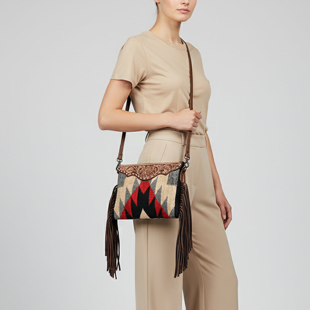 ADBG1790 Southwestern Wool Crossbody Bag with Tooled Leather Yoke & Fringe Tassels