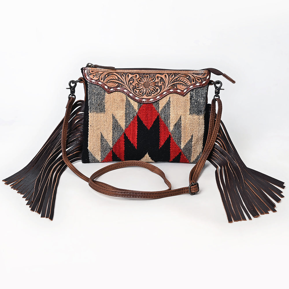 ADBG1790 Southwestern Wool Crossbody Bag with Tooled Leather Yoke & Fringe Tassels