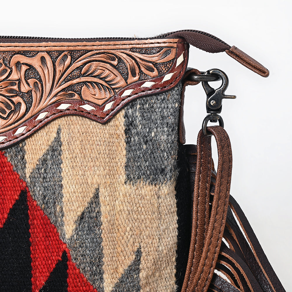 ADBG1790 Southwestern Wool Crossbody Bag with Tooled Leather Yoke & Fringe Tassels
