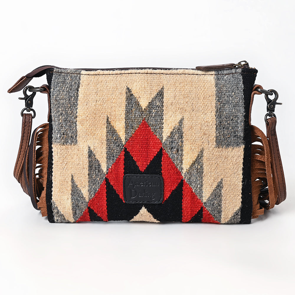 ADBG1790 Southwestern Wool Crossbody Bag with Tooled Leather Yoke & Fringe Tassels