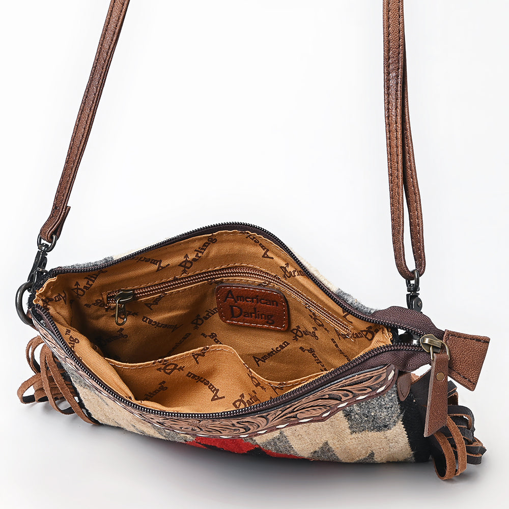 ADBG1790 Southwestern Wool Crossbody Bag with Tooled Leather Yoke & Fringe Tassels