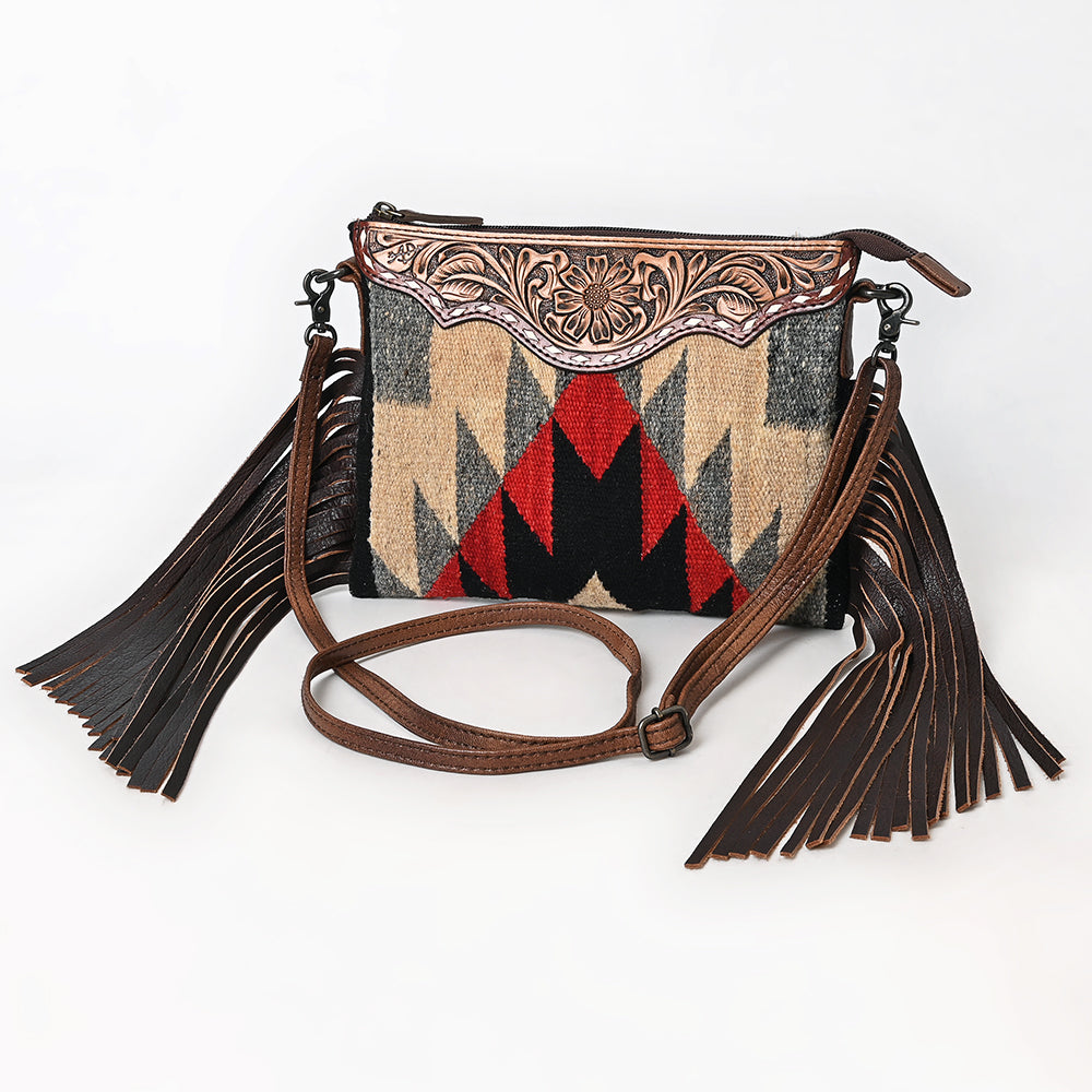ADBG1790 Southwestern Wool Crossbody Bag with Tooled Leather Yoke & Fringe Tassels