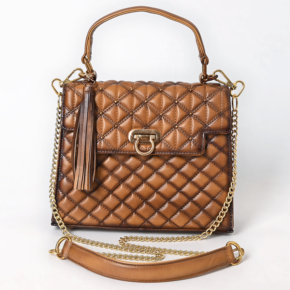 ADBGM741 Quilted Leather Messenger Handbag - Western Tan Structured Purse with Gold Chain & Tassel