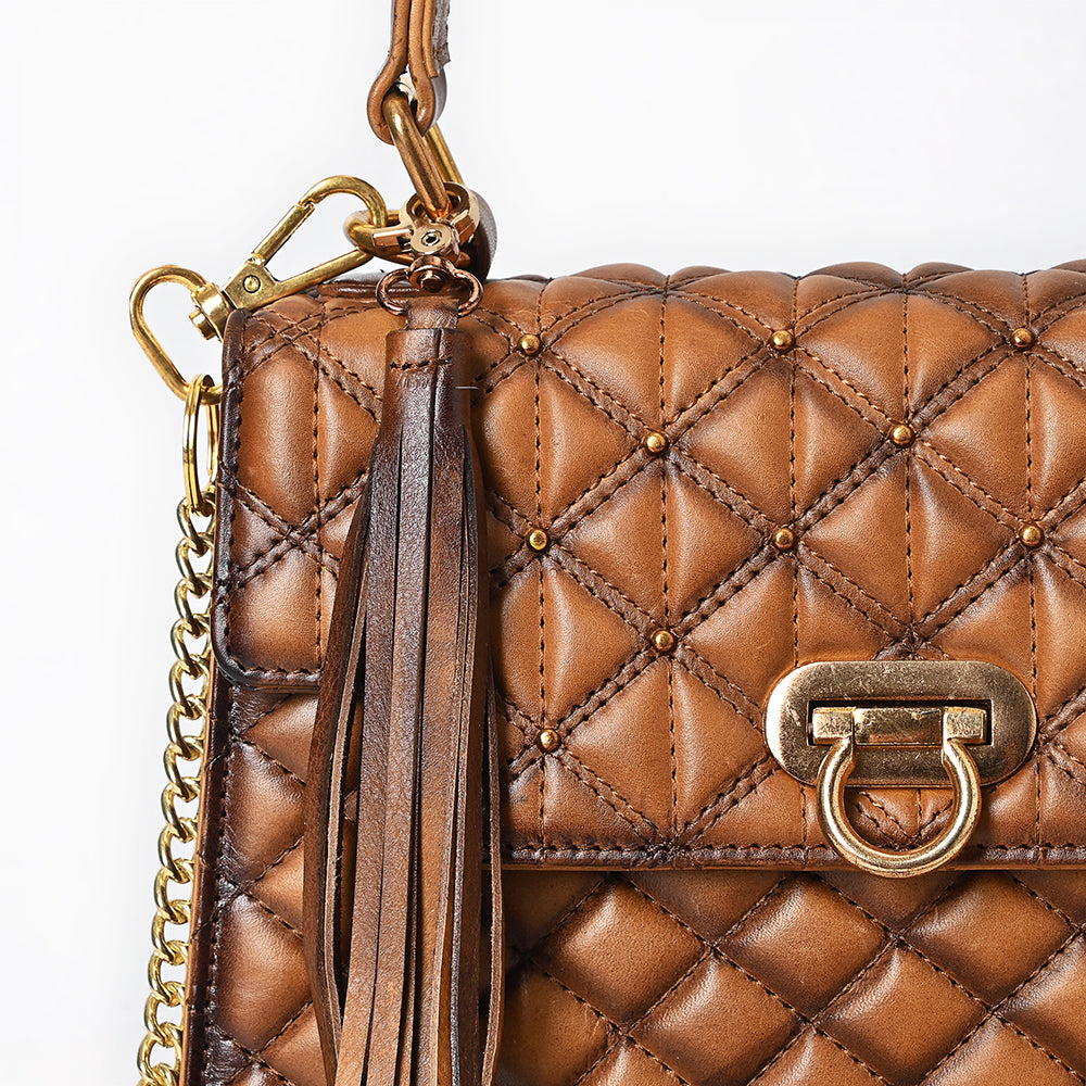 ADBGM741 Quilted Leather Messenger Handbag - Western Tan Structured Purse with Gold Chain & Tassel