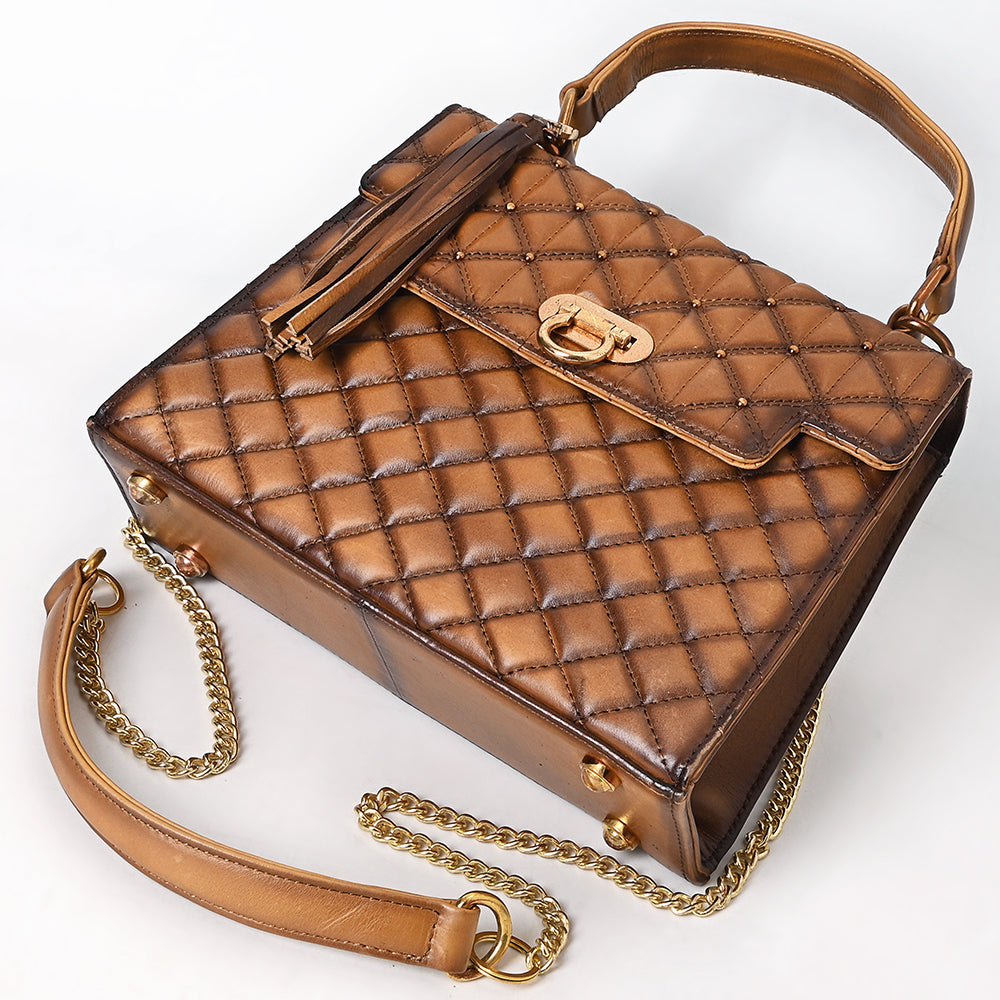 ADBGM741 Quilted Leather Messenger Handbag - Western Tan Structured Purse with Gold Chain & Tassel