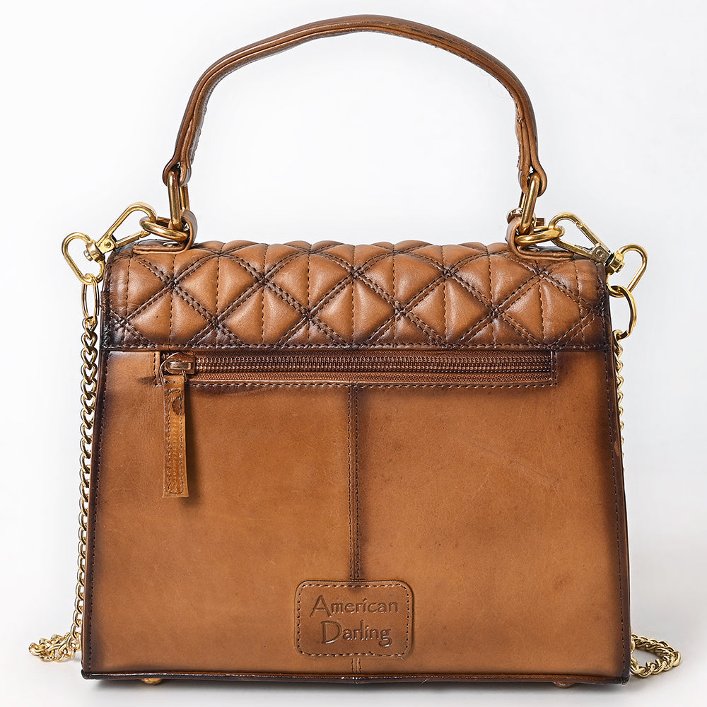 ADBGM741 Quilted Leather Messenger Handbag - Western Tan Structured Purse with Gold Chain & Tassel