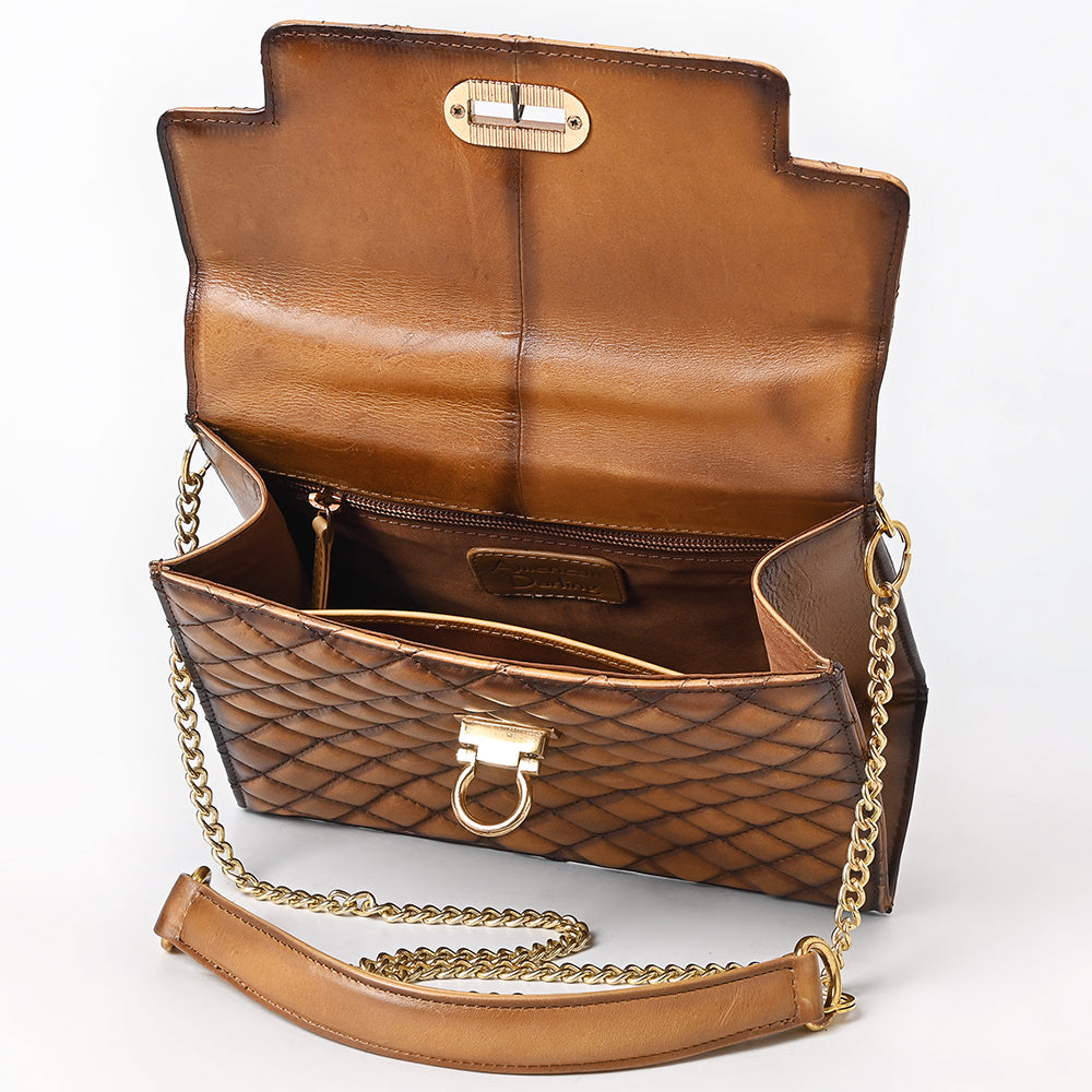 ADBGM741 Quilted Leather Messenger Handbag - Western Tan Structured Purse with Gold Chain & Tassel