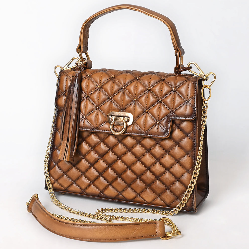 ADBGM741 Quilted Leather Messenger Handbag - Western Tan Structured Purse with Gold Chain & Tassel