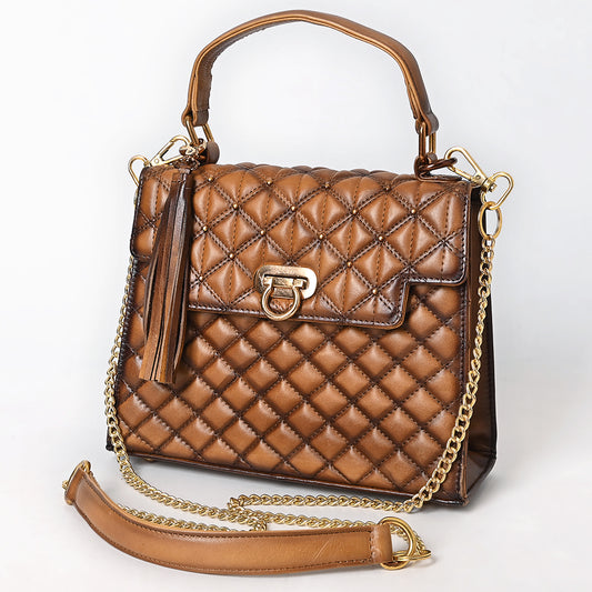 ADBGM741 Quilted Leather Messenger Handbag - Western Tan Structured Purse with Gold Chain & Tassel