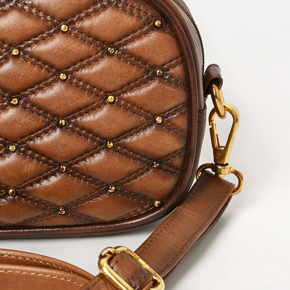 ADBGM757 Western Crossbody - Quilted Leather Oval Bag with Gold Stud Accents
