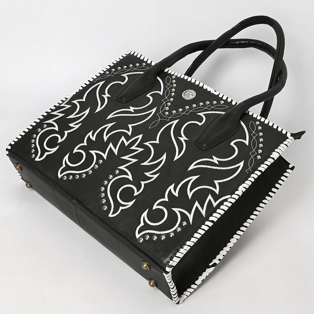 ADBGM761 Western Embroidered Tote - Black Leather Bag with White Stitching, Studs & Concho Accent
